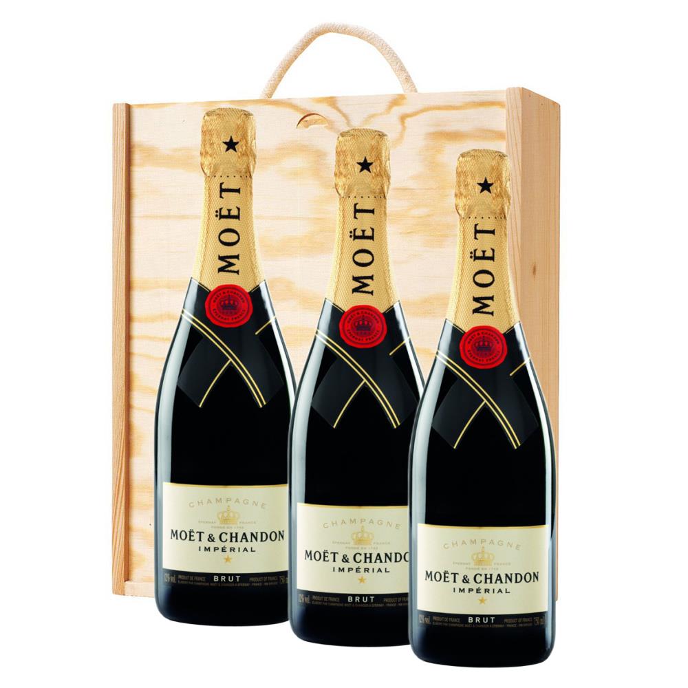 3 x Moet &amp; Chandon Brut Imperial Treble Wooden Gift Boxed Champagne